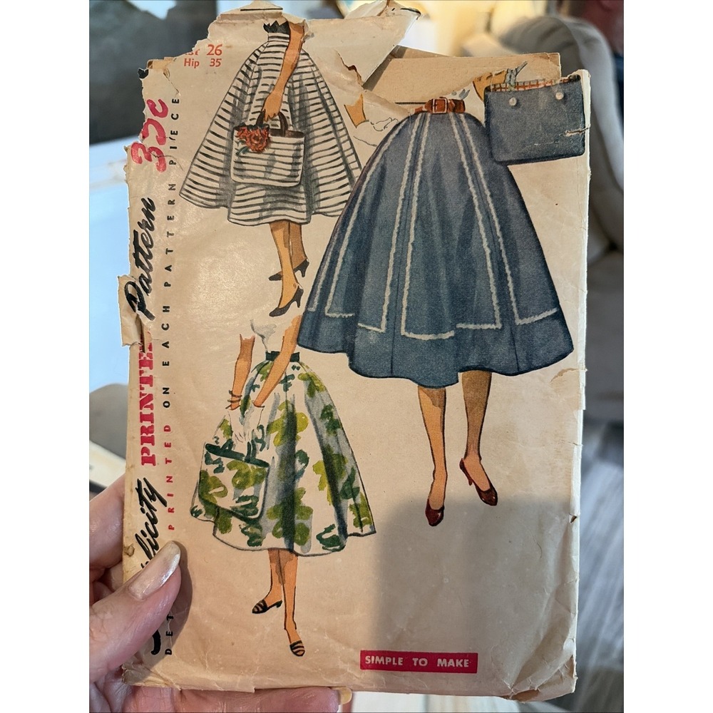 Vintage 1954 Simplicity 4751 Skirt and Bag Sewing Pattern Waist 26 Hip 35 Cut